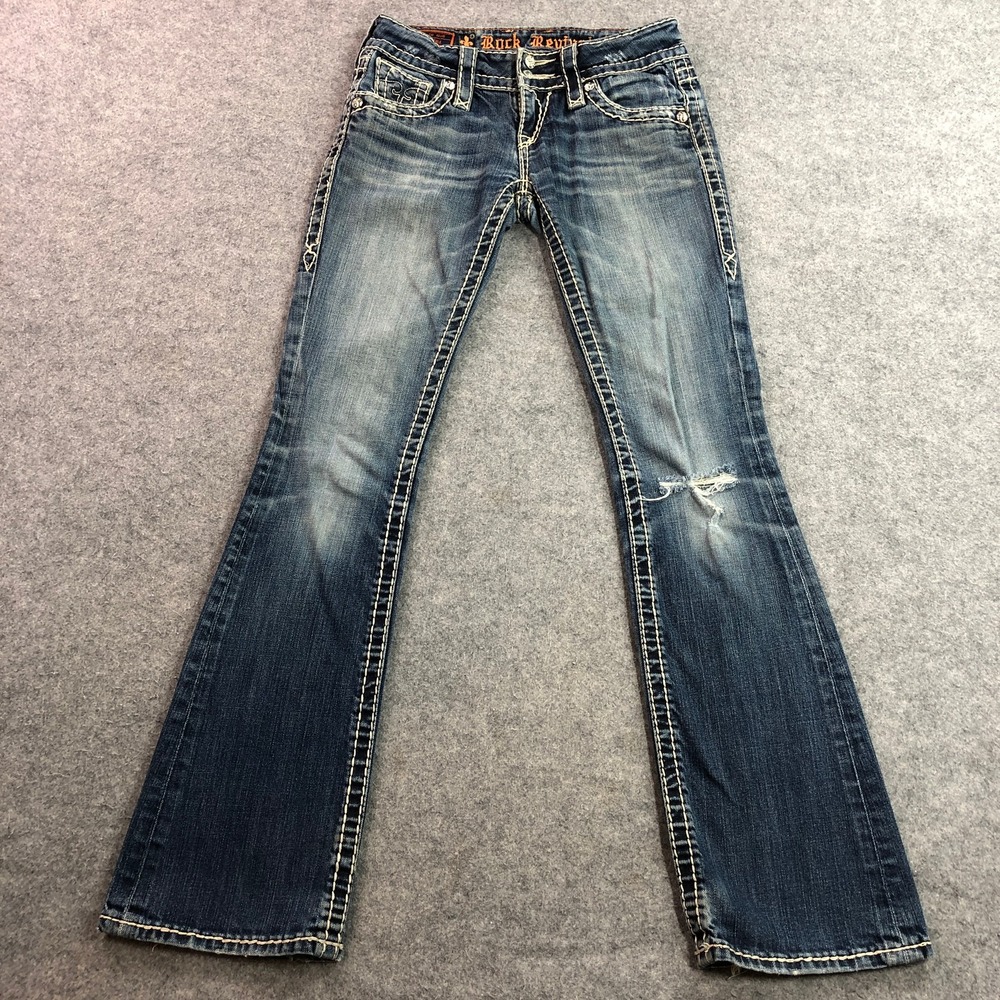 Rock Revival Womens Bootcut Jeans 25 Blue Low Rise Thick Stitch Distressed